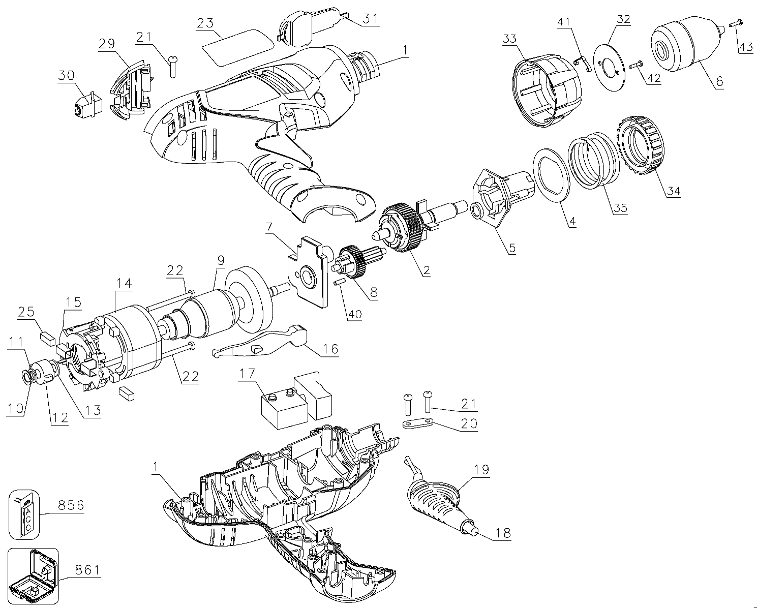 Default Diagram and Parts List for DR203K Type 1 Black and Decker Boring Machine